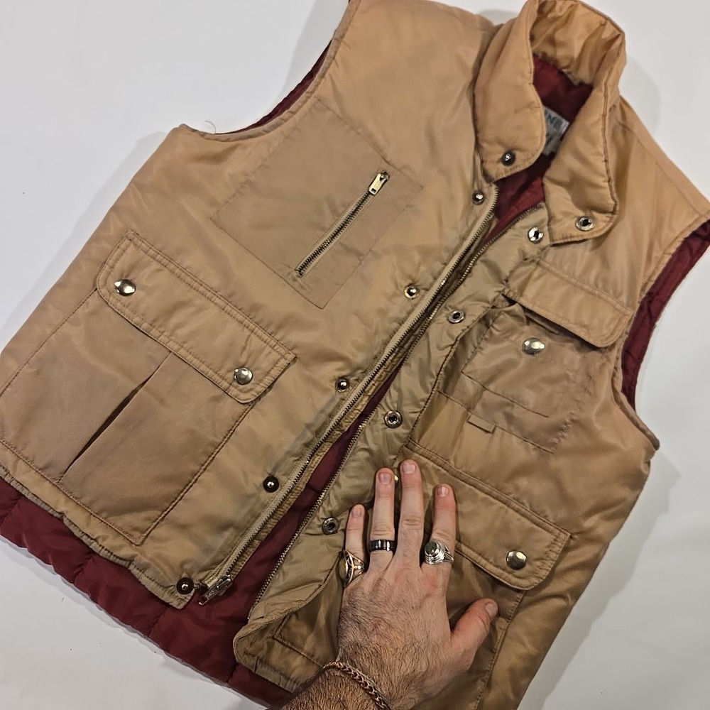 VTG Alpine Ski Men‎ Small Puffer Vest Tan Red Multi Pocket Korea 19x25 Nylon 70s